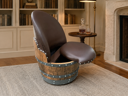 Whiskey & Wine Barrel Armchair with Hidden Safe — Memory Foam, Brown Upholstery