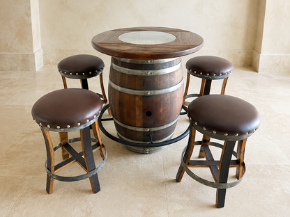 Whiskey & Wine Barrel Round Top with Glass Center — Wire-Brushed Oak, Fits 53–59 Gal (October Pre-Order)