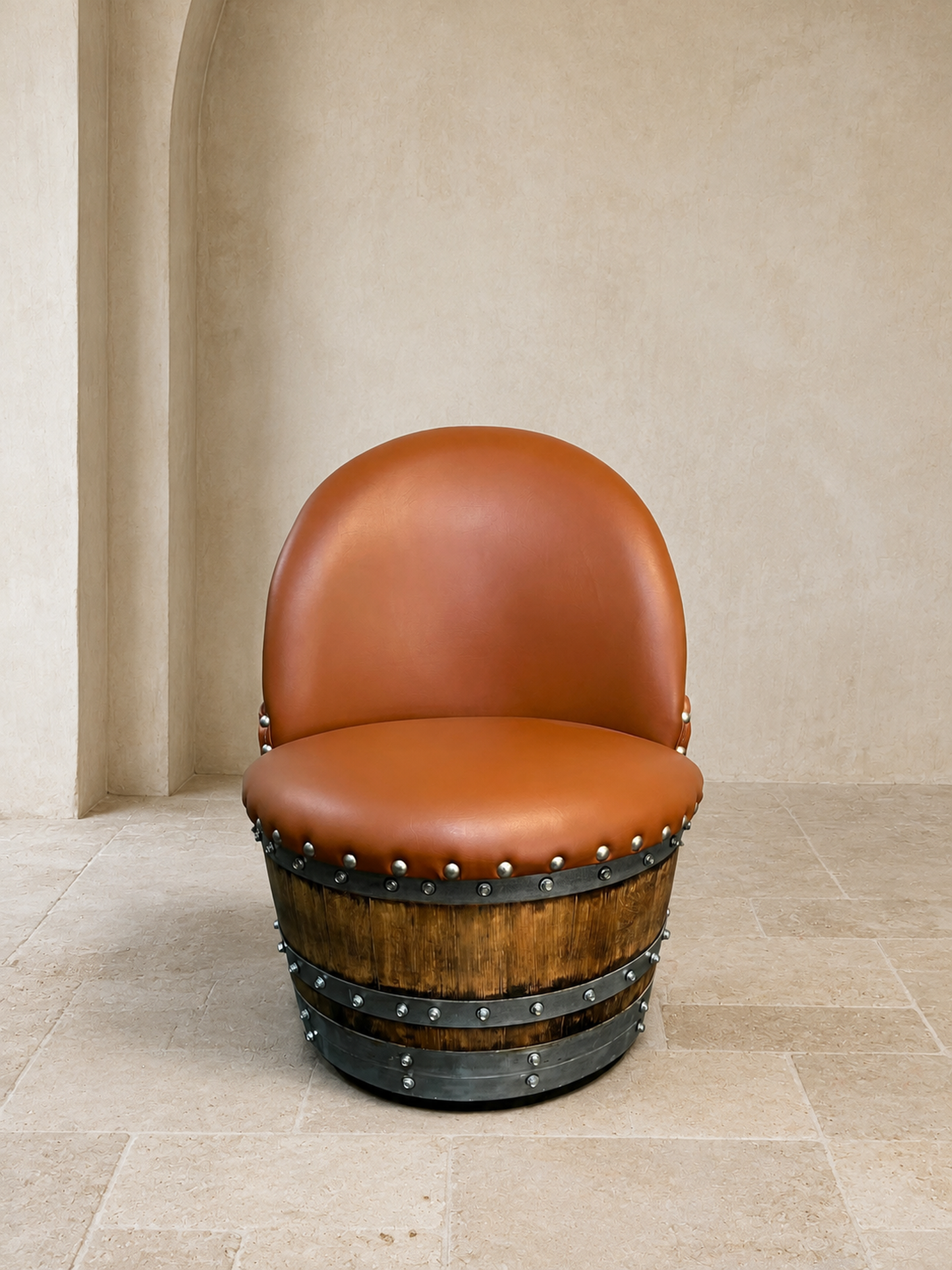 Whiskey & Wine Barrel Lounge Chair — Hidden Storage, Memory Foam, Rustic Brown Upholstery