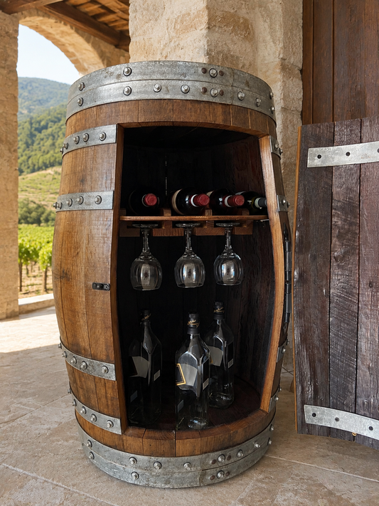 Whiskey & Wine Barrel Display Cabinet — Stemware Shelf, Door Storage