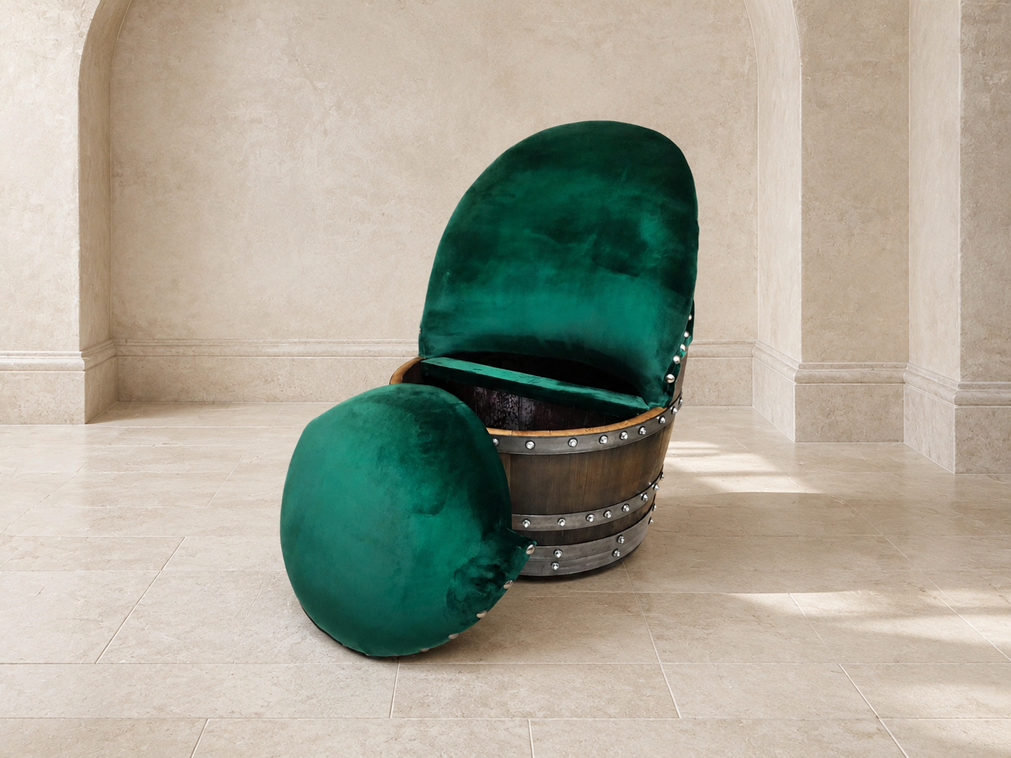 Whiskey & Wine Barrel Reading Chair — Hidden Storage, Green Velvet Upholstery
