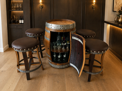 Whiskey & Wine Barrel Bar Set — Cabinet Storage, Bar Stools, No Top