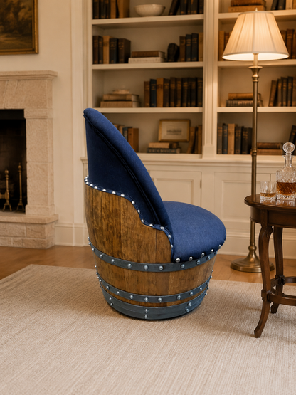 Whiskey & Wine Barrel Armchair with Hidden Safe — Memory Foam, Dark Navy Blue Upholstery