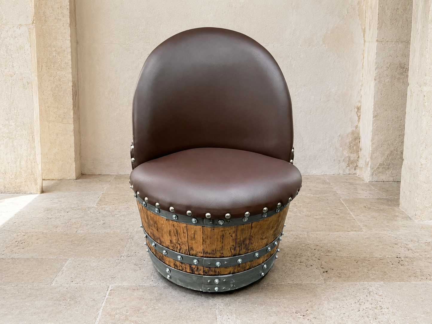 Whiskey & Wine Barrel Lounge Chair — Hidden Storage, Memory Foam, Brown Upholstery