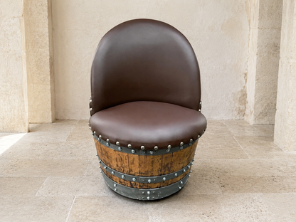 Whiskey & Wine Barrel Lounge Chair — Hidden Storage, Memory Foam, Brown Upholstery