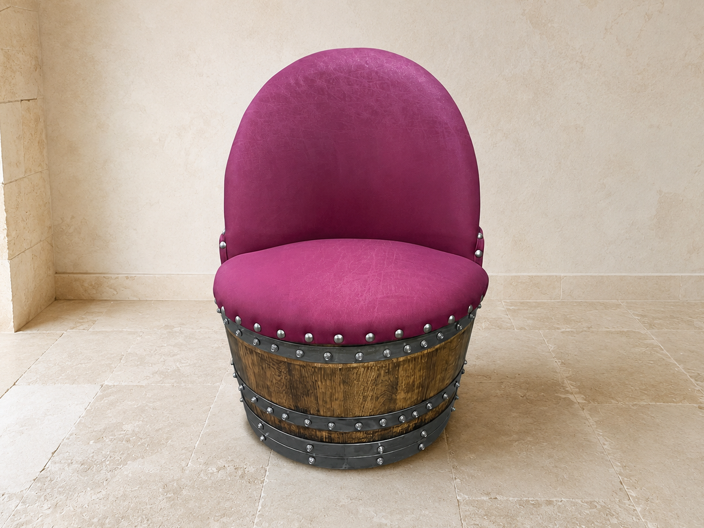Whiskey & Wine Barrel Lounge Chair — Hidden Storage, Memory Foam, Burgundy Upholstery
