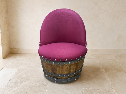 Whiskey & Wine Barrel Lounge Chair — Hidden Storage, Memory Foam, Burgundy Upholstery