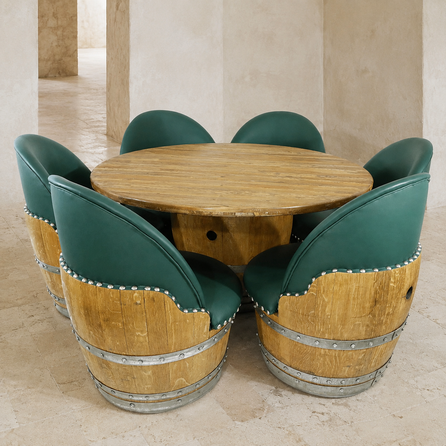 Whiskey & Wine Barrel Lounge Chair — Hidden Storage, Memory Foam, Green Upholstery