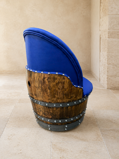 Whiskey & Wine Barrel Lounge Chair — Hidden Storage, Memory Foam, Sea Blue Upholstery (Limited)