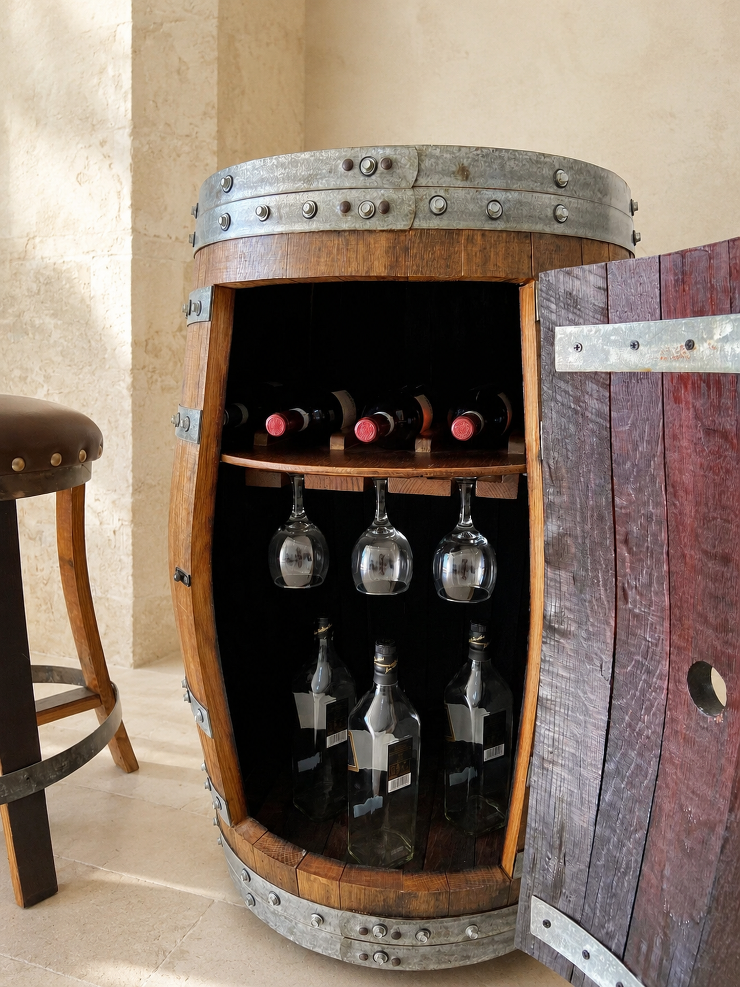 Whiskey & Wine Barrel Multi-Use Bar — Display Cabinet, Stemware Shelf