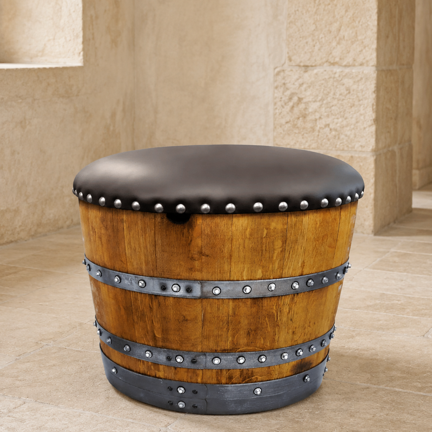 Whiskey & Wine Barrel Ottoman — Hidden Storage, Reclaimed Oak