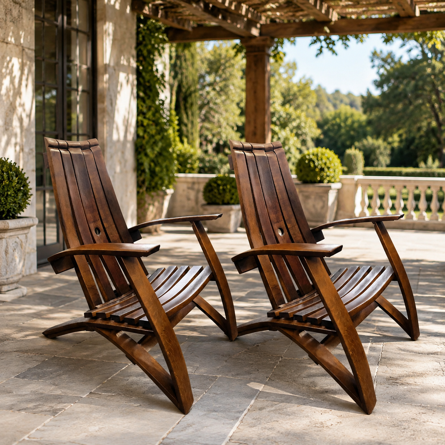 Whiskey & Wine Barrel Stave Lounge Chair Pair — Solid Oak, Hidden Storage