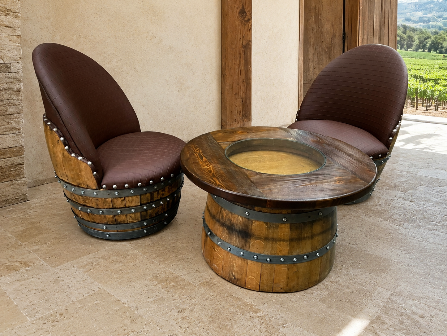 Whiskey & Wine Barrel Coffee Table — Half-Barrel Glass Top, Hidden Storage