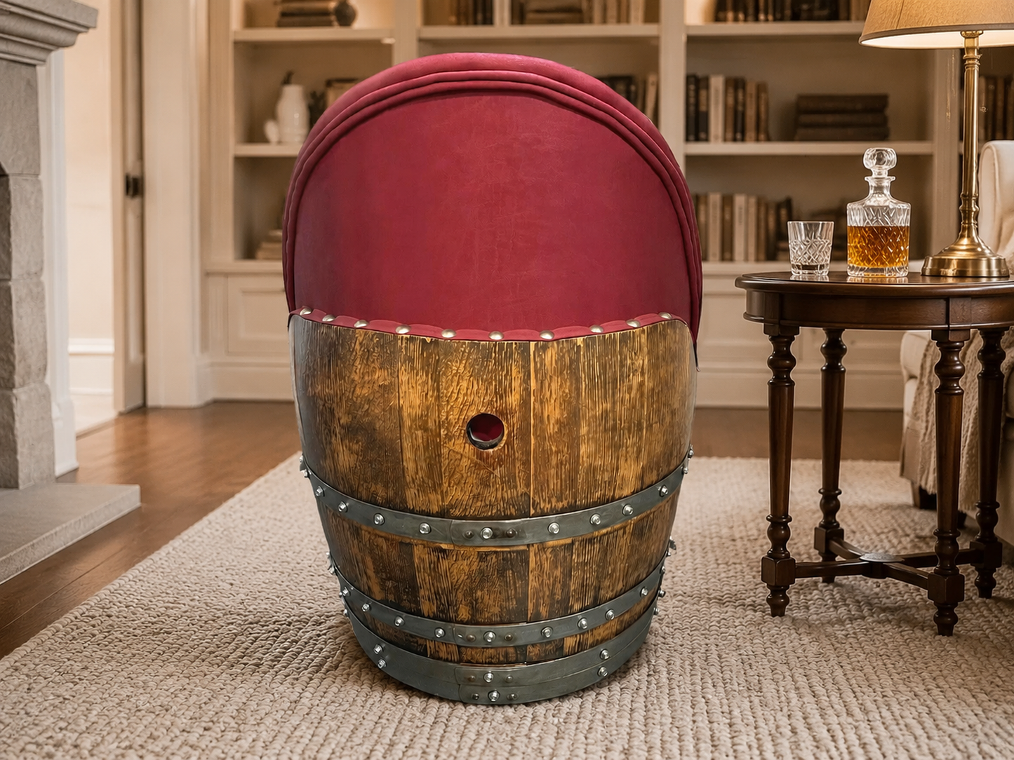 Whiskey & Wine Barrel Armchair with Hidden Safe — Memory Foam, Burgundy Berry Upholstery