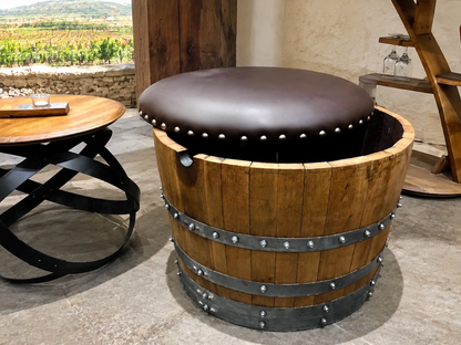 Whiskey & Wine Barrel Ottoman — Hidden Storage, Reclaimed Oak