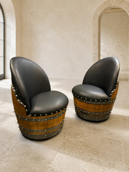 Whiskey & Wine Barrel Lounge Chair — Hidden Storage, Memory Foam, Black Upholstery