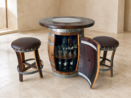Whiskey & Wine Barrel Round Top with Glass Center — Wire-Brushed Oak, Fits 53–59 Gal (October Pre-Order)