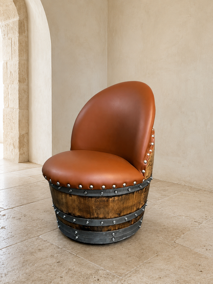Whiskey & Wine Barrel Lounge Chair — Hidden Storage, Memory Foam, Rustic Brown Upholstery