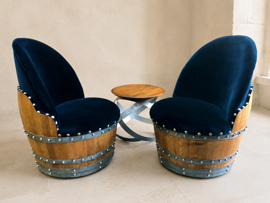 Whiskey & Wine Barrel Reading Chair — Hidden Storage, Blue Velvet Upholstery