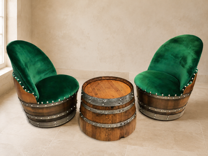 Whiskey & Wine Barrel Reading Chair — Hidden Storage, Green Velvet Upholstery