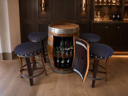 Whiskey & Wine Barrel Bar Set — Cabinet Storage, Bar Stools, No Top
