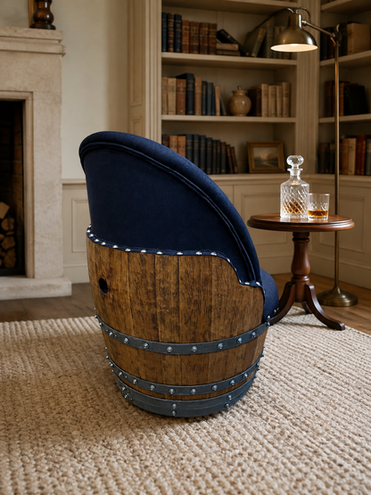 Whiskey & Wine Barrel Armchair with Hidden Safe — Memory Foam, Dark Navy Blue Upholstery