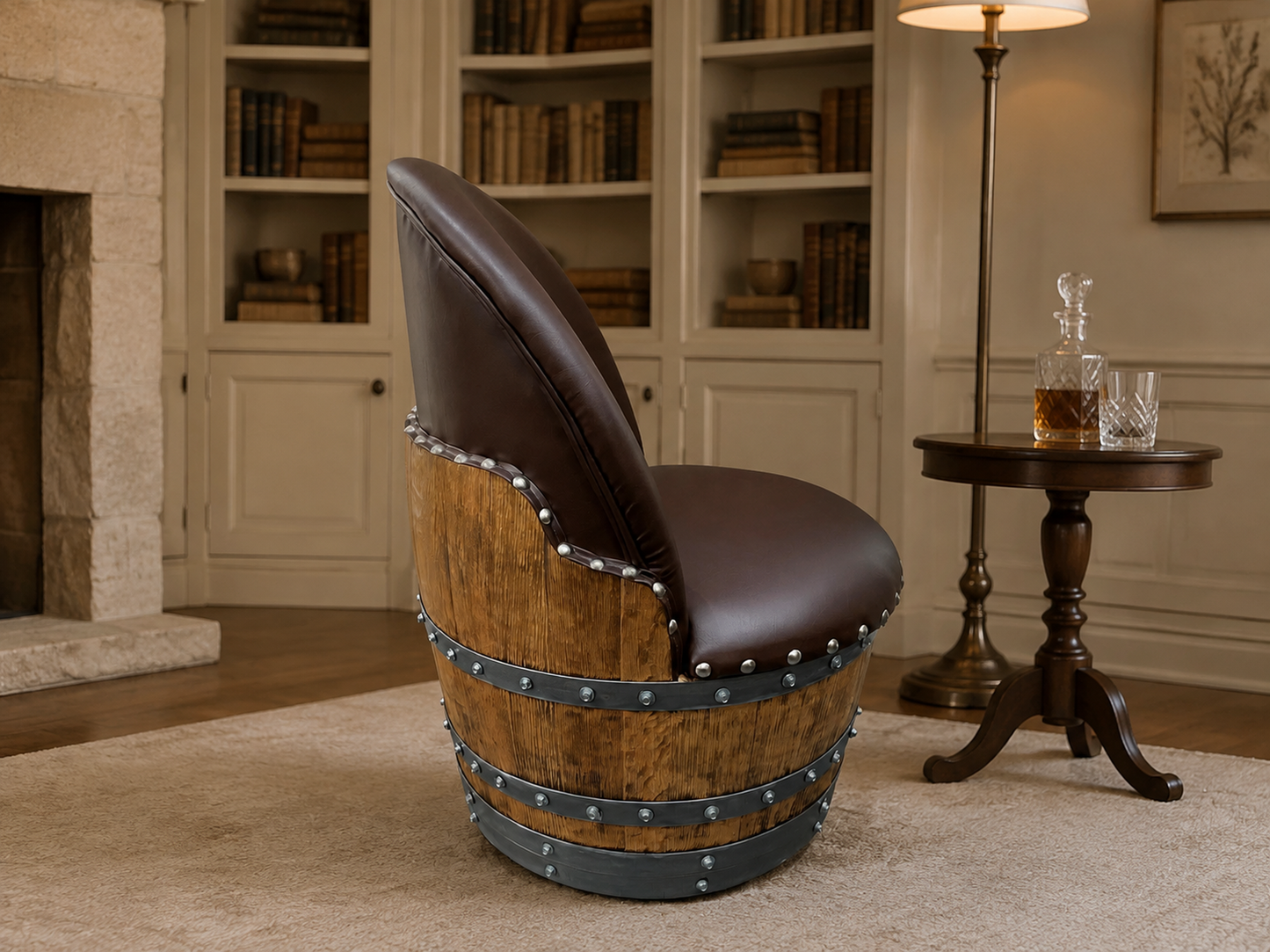 Whiskey & Wine Barrel Armchair with Hidden Safe — Memory Foam, Brown Upholstery