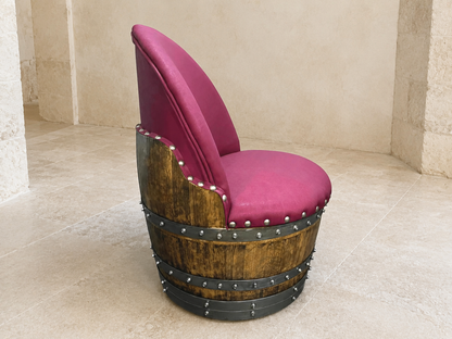 Whiskey & Wine Barrel Lounge Chair — Hidden Storage, Memory Foam, Burgundy Upholstery