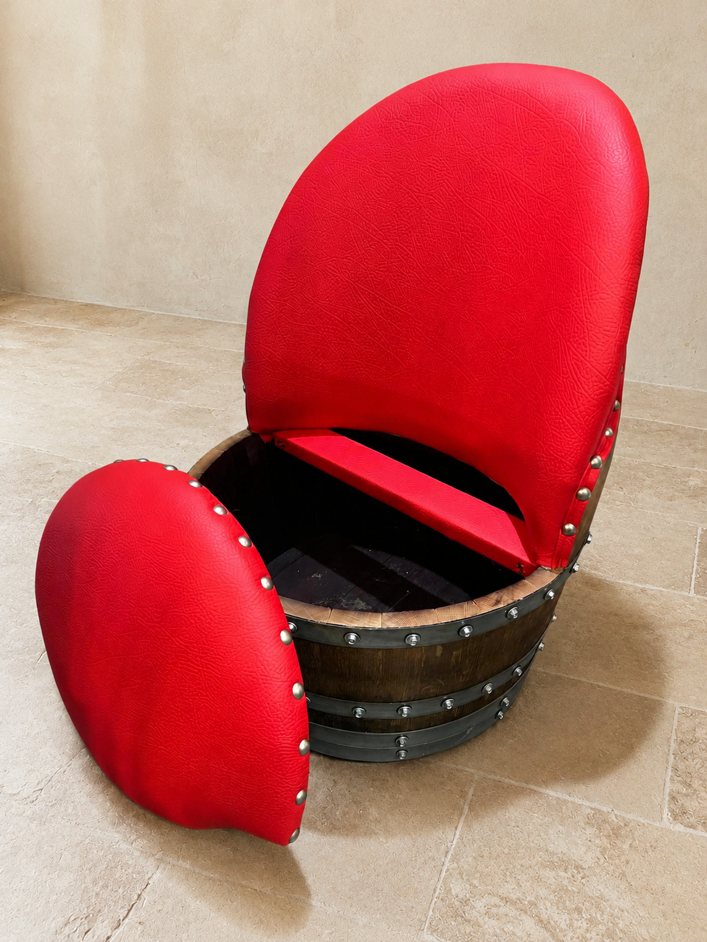 Whiskey & Wine Barrel Lounge Chair — Hidden Storage, Memory Foam, Red Upholstery (Limited)