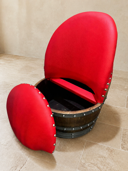Whiskey & Wine Barrel Lounge Chair — Hidden Storage, Memory Foam, Red Upholstery (Limited)