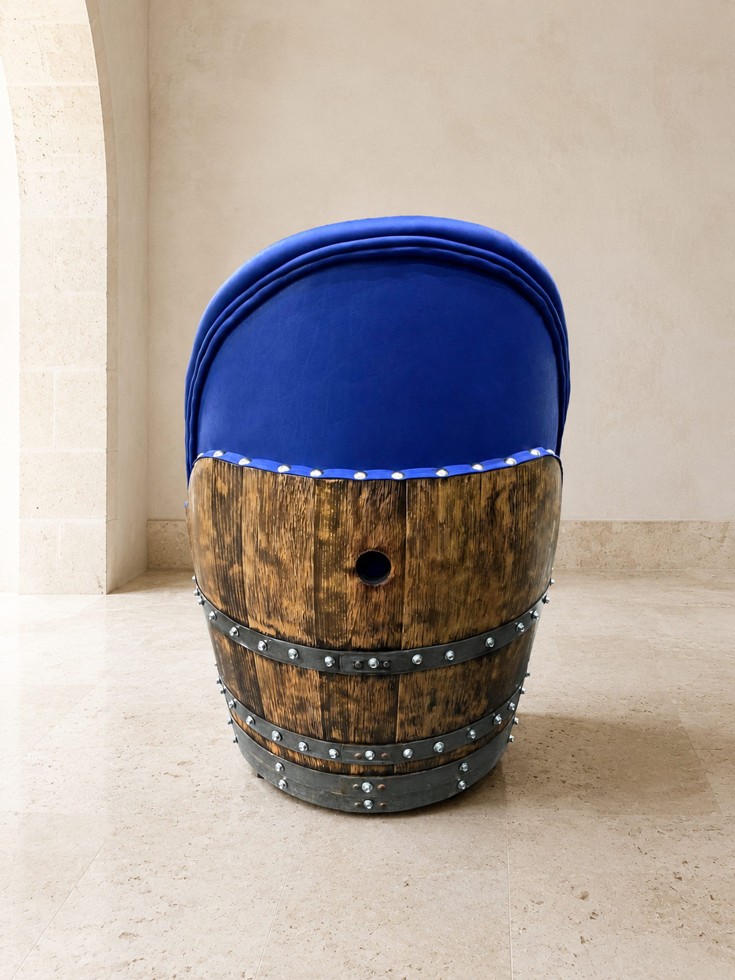 Whiskey & Wine Barrel Lounge Chair — Hidden Storage, Memory Foam, Sea Blue Upholstery (Limited)