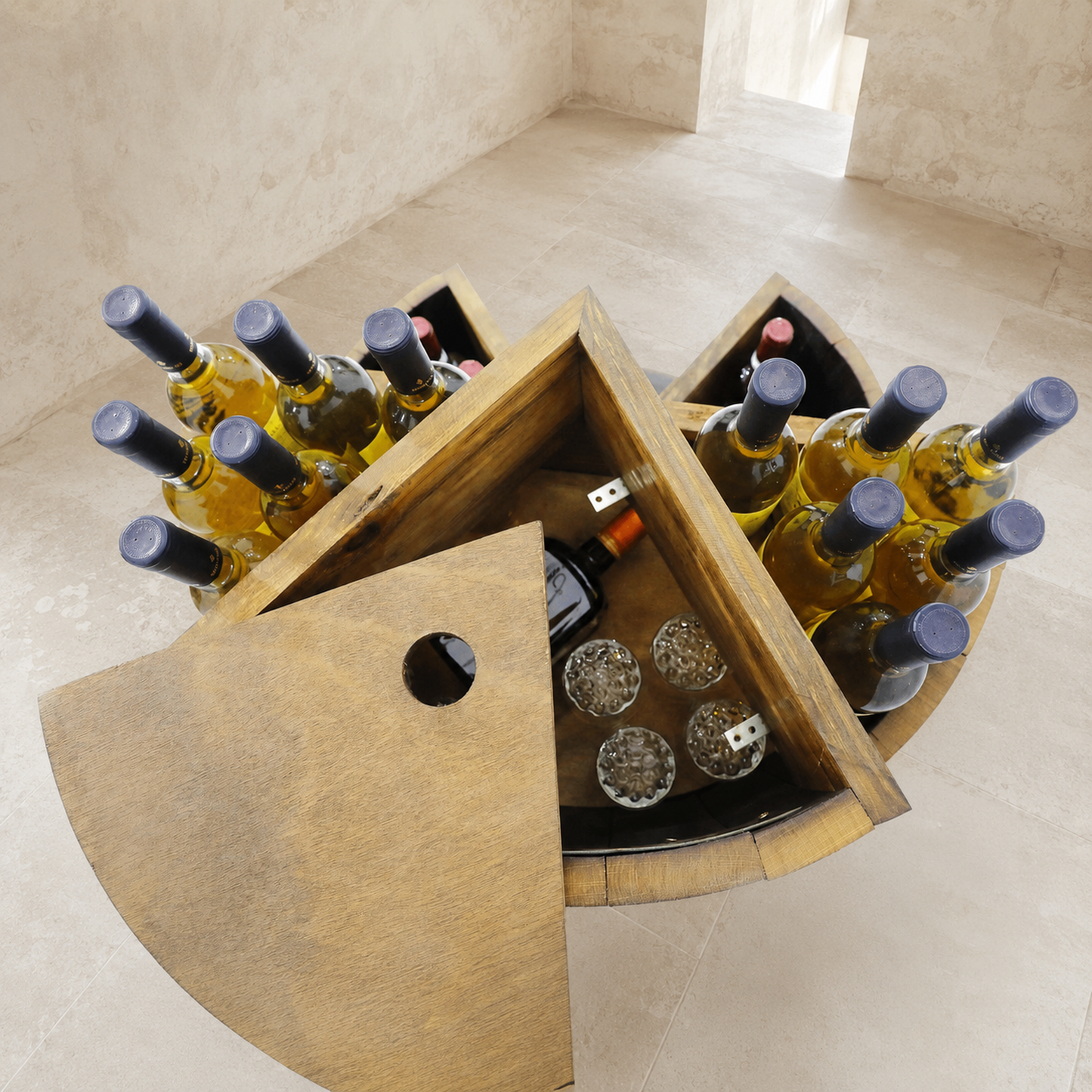 Whiskey & Wine Barrel Minibar Cabinet — Door Shelf, Reclaimed Oak