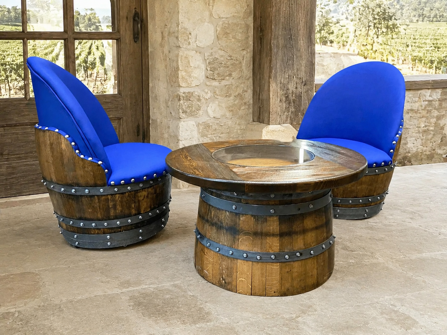 Whiskey & Wine Barrel Coffee Table — Half-Barrel Glass Top, Hidden Storage