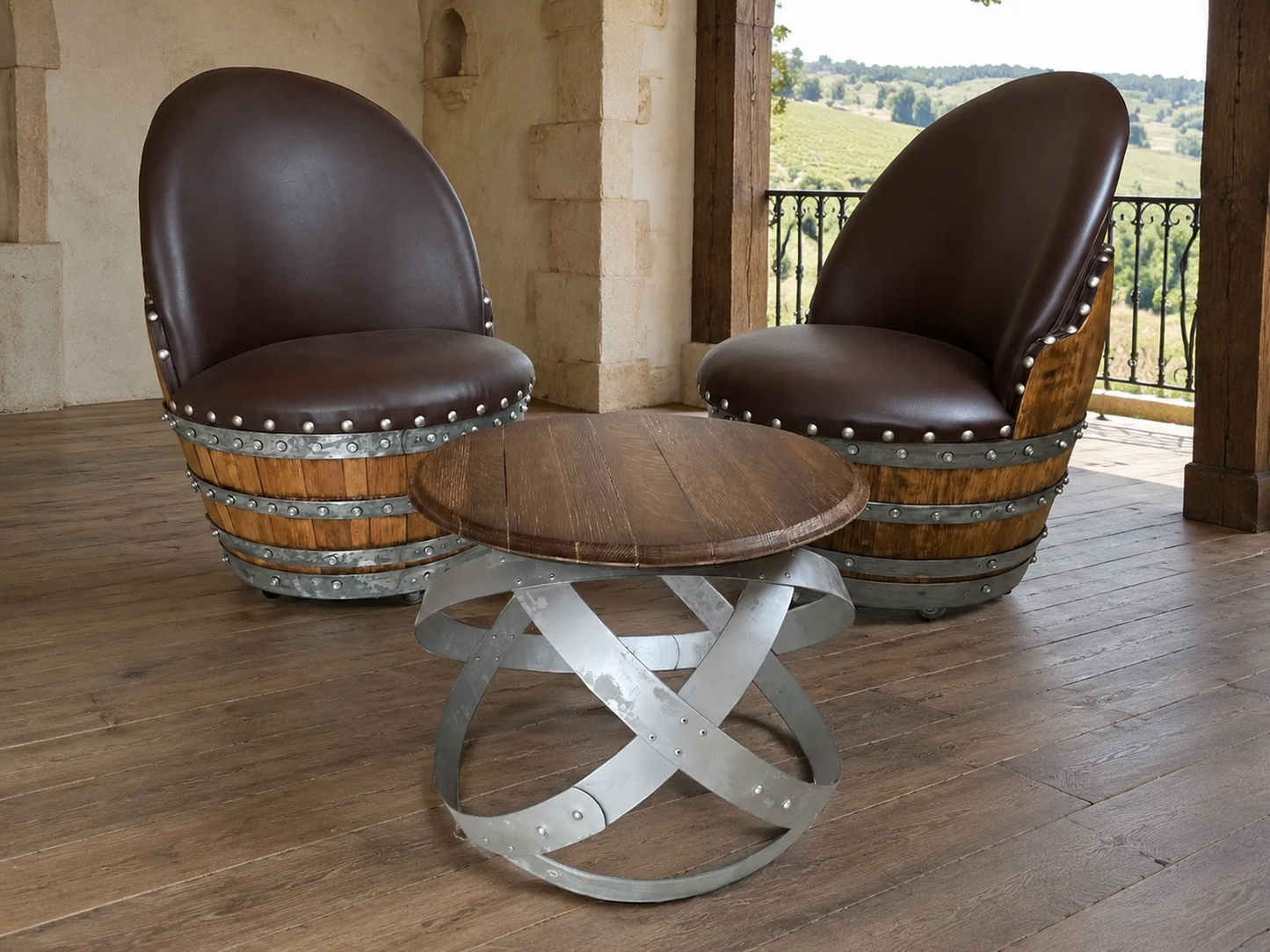 Whiskey & Wine Barrel Hoop Table Set — 2 Chairs, Black Edition