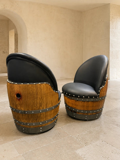 Whiskey & Wine Barrel Lounge Chair — Hidden Storage, Memory Foam, Black Upholstery
