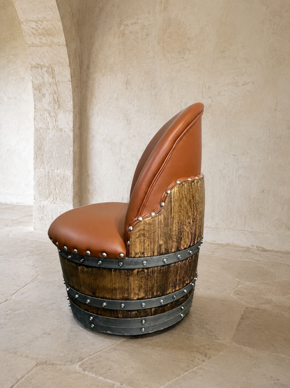Whiskey & Wine Barrel Lounge Chair — Hidden Storage, Memory Foam, Rustic Brown Upholstery