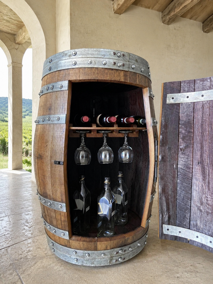 Whiskey & Wine Barrel Home Bar Set #1 — Bar Cabinet, Pub Table & Stools