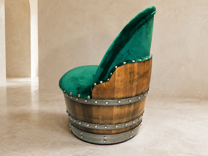 Whiskey & Wine Barrel Reading Chair — Hidden Storage, Green Velvet Upholstery