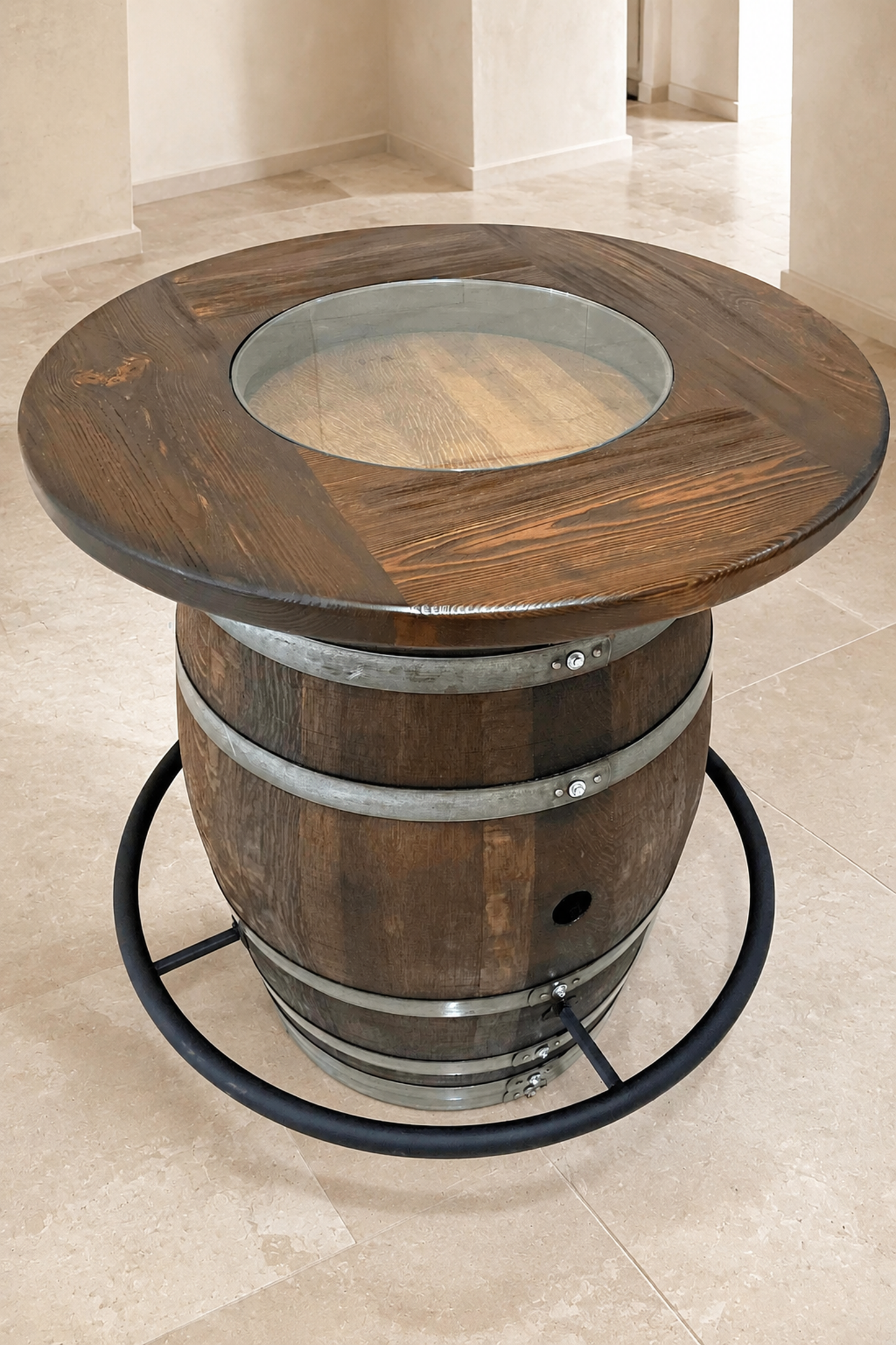 Whiskey & Wine Barrel Round Top with Glass Center — Wire-Brushed Oak, Fits 53–59 Gal (October Pre-Order)
