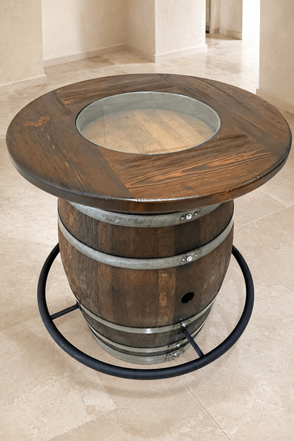 Whiskey & Wine Barrel Round Top with Glass Center — Wire-Brushed Oak, Fits 53–59 Gal (October Pre-Order)