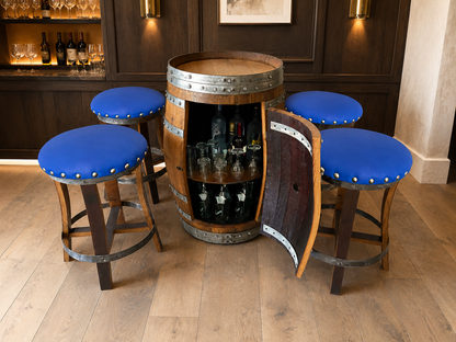 Whiskey & Wine Barrel Bar Set — Cabinet Storage, Bar Stools, No Top
