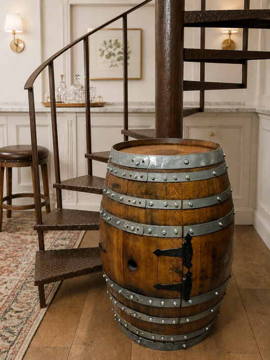Whiskey & Wine Barrel Bar Cabinet — Door Shelf, Reclaimed Oak
