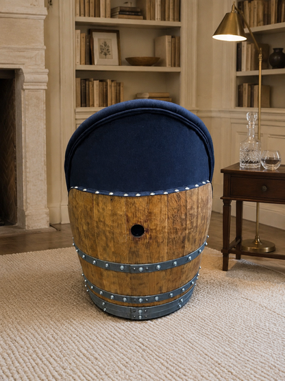 Whiskey & Wine Barrel Armchair with Hidden Safe — Memory Foam, Dark Navy Blue Upholstery