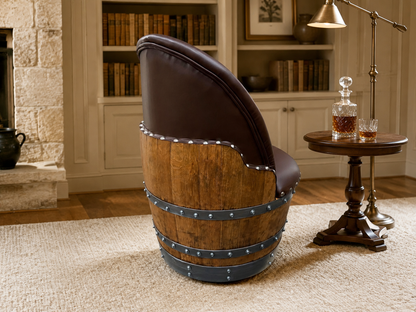 Whiskey & Wine Barrel Armchair with Hidden Safe — Memory Foam, Brown Upholstery