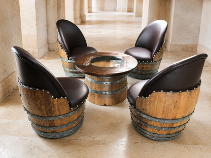 Whiskey & Wine Barrel Lounge Chair — Hidden Storage, Memory Foam, Brown Upholstery