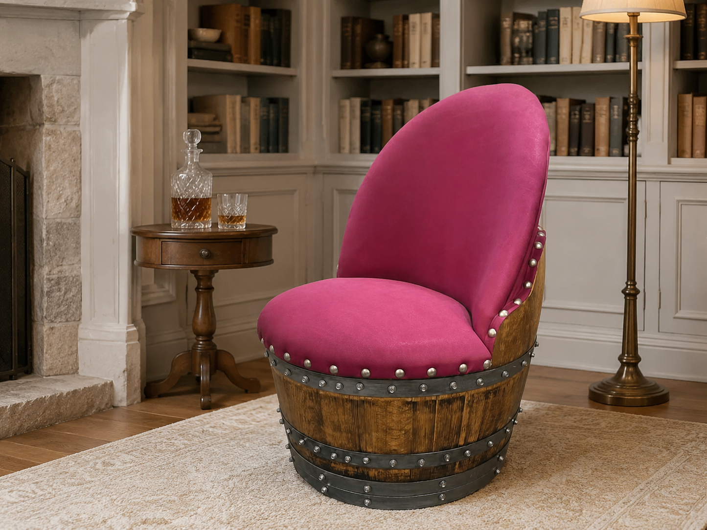 Whiskey & Wine Barrel Armchair with Hidden Safe — Memory Foam, Burgundy Berry Upholstery