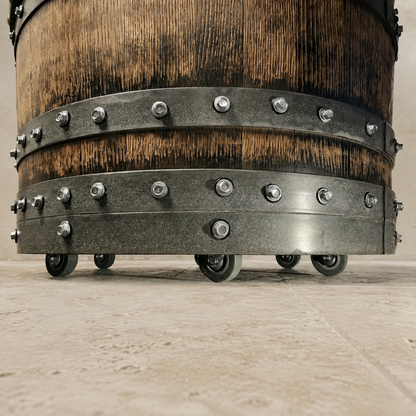 Whiskey & Wine Barrel Lounge Chair — Hidden Storage, Memory Foam, Burgundy Upholstery