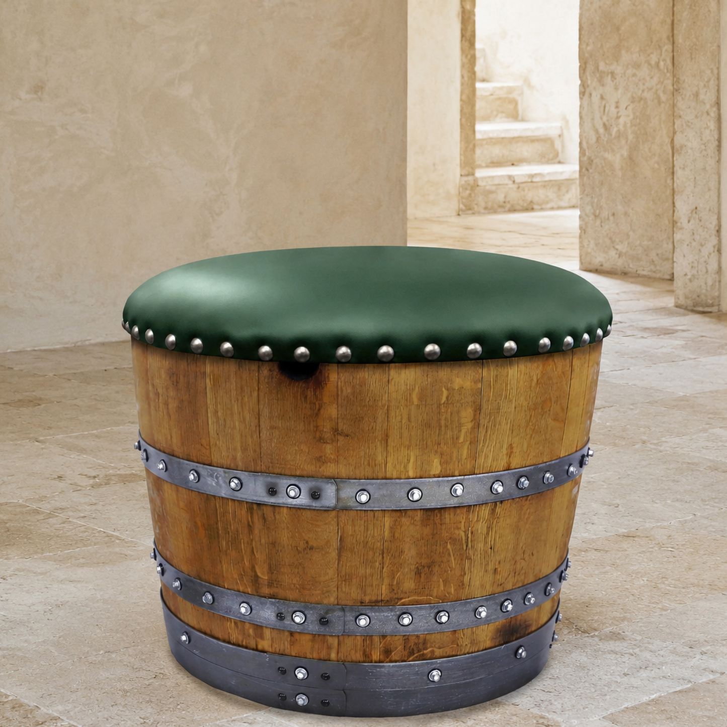 Whiskey & Wine Barrel Ottoman — Hidden Storage, Reclaimed Oak