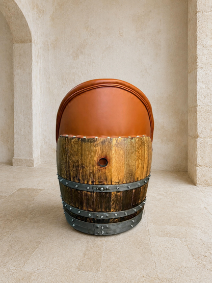 Whiskey & Wine Barrel Lounge Chair — Hidden Storage, Memory Foam, Rustic Brown Upholstery