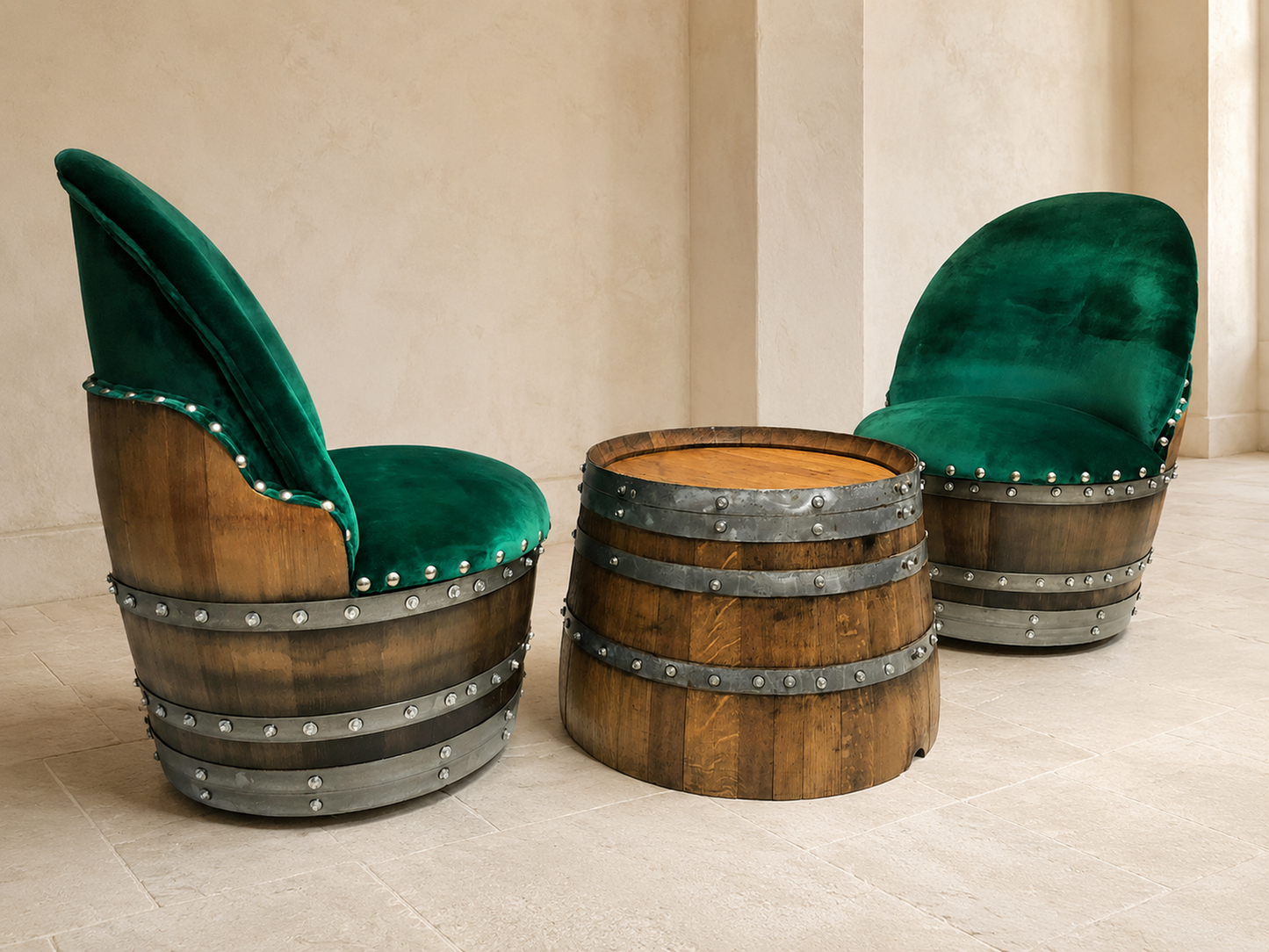 Whiskey & Wine Barrel Reading Chair — Hidden Storage, Green Velvet Upholstery